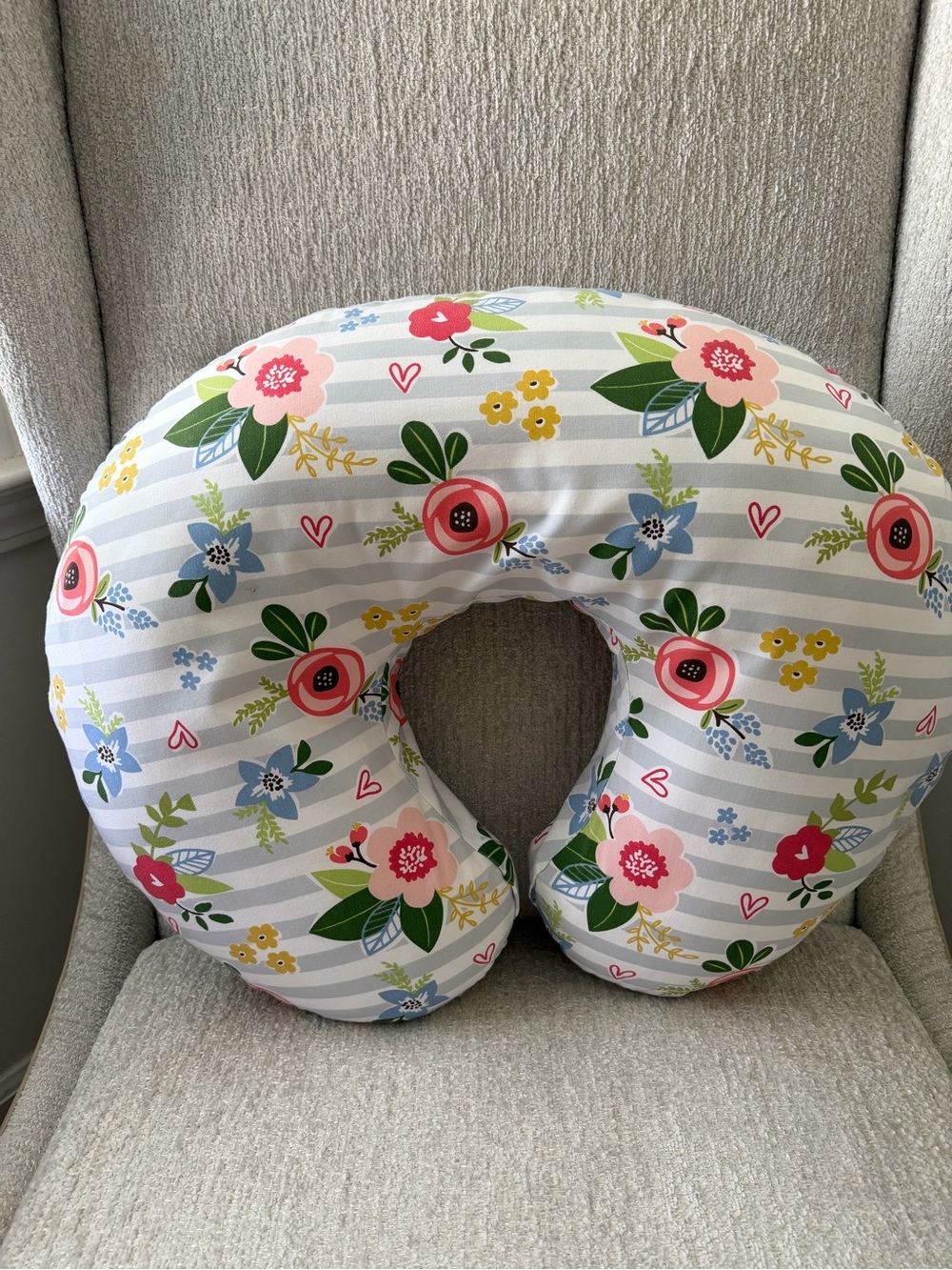 Boppy Floral Nursing Pillow in Grey Stripe with Pink, Yellow and Green Accents